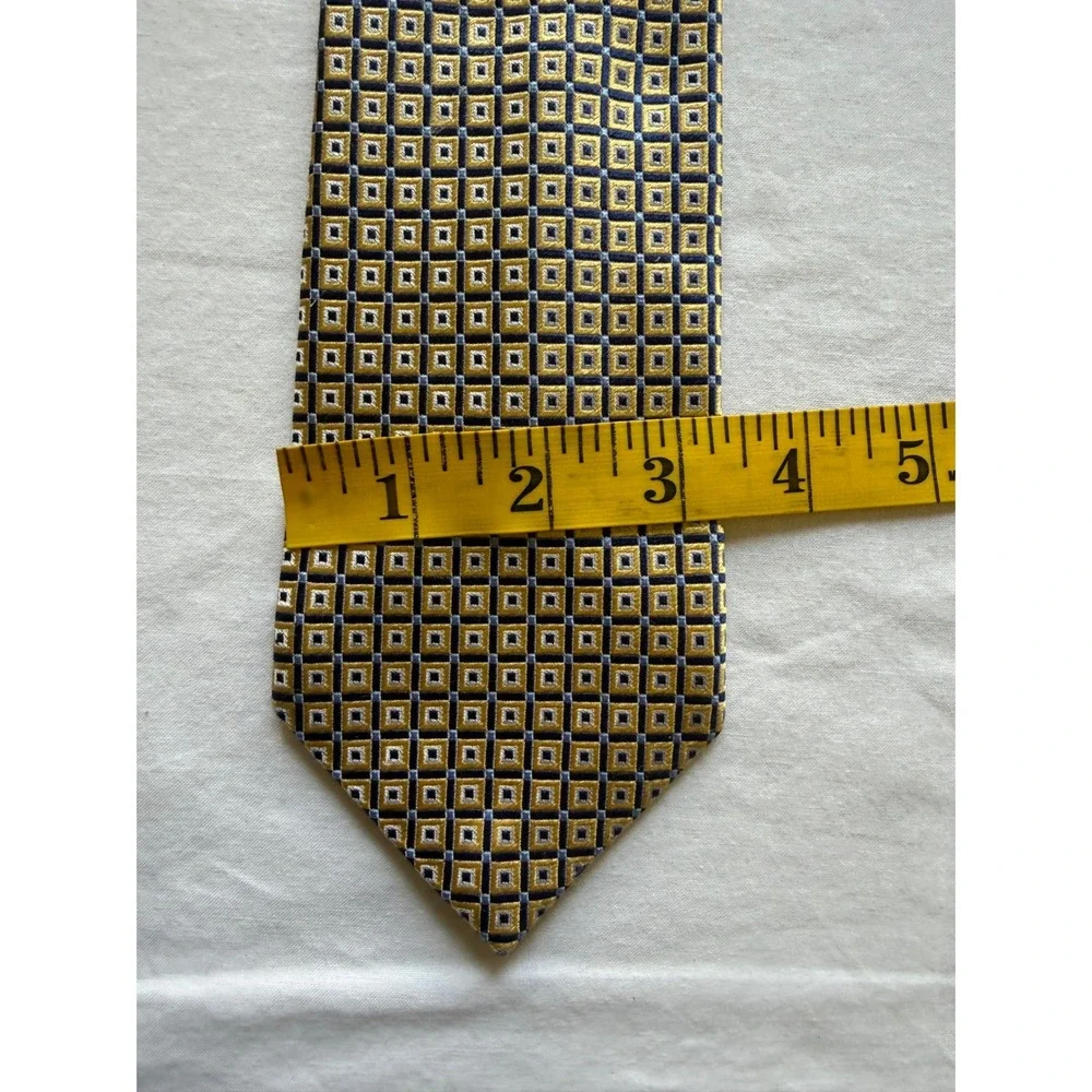 Chaps by Ralph Lauren Mens Silk Necktie Gold Geometric Square Pattern Handmade